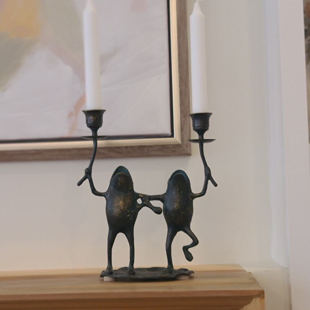 Vintage Brass Frog Candleholder Verdigris Patina 11" Candleabra Frogs Toad Pier1